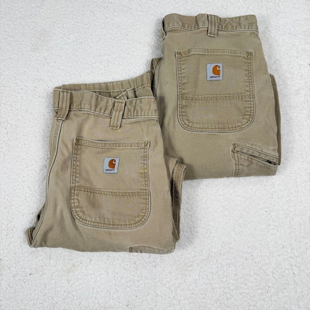 Carhartt Mens 34x31 Bundle of 2 Relaxed Fit Canvas Work Pants Tan Khaki